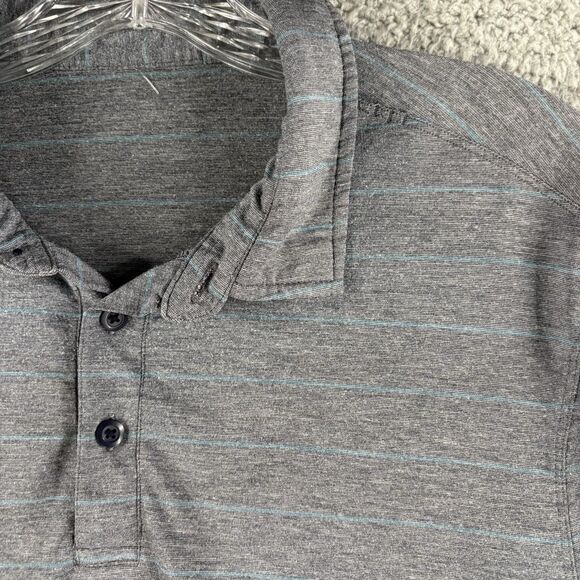 Lululemon Mens Large L Grey Blue Polo Evolution Performance Short Sleeve Striped - Picture 2 of 7